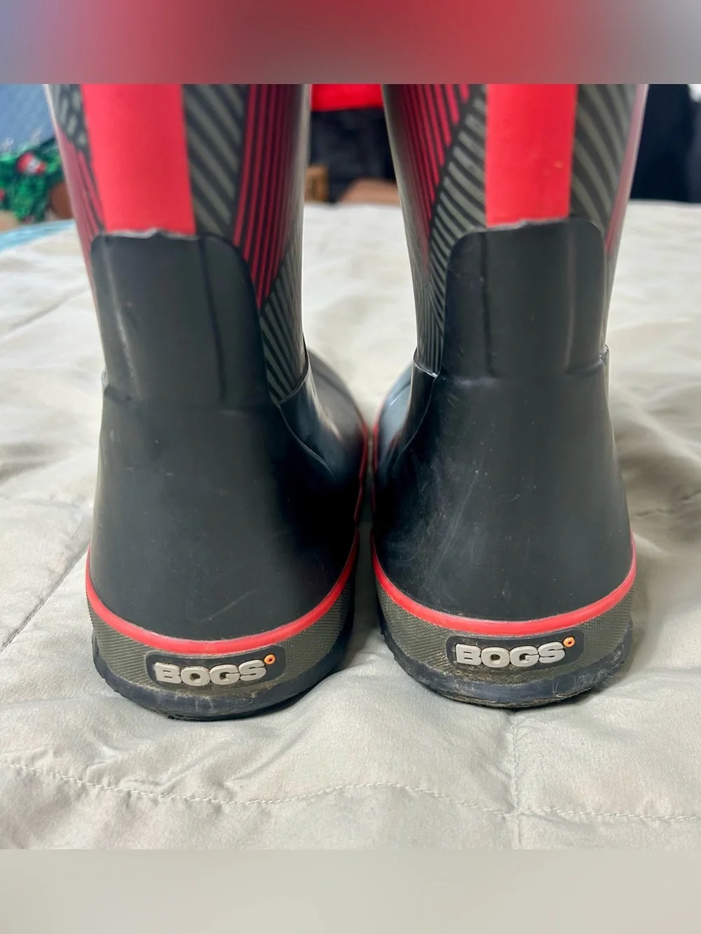 Bogs Kids Black and Red Geometric Rain Boots, Waterproof, Youth Size 5